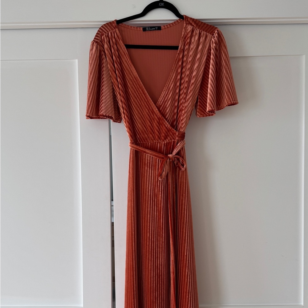 Rust/Copper Velvet Wrap Dress with Flutter Sleeves and Side Tie